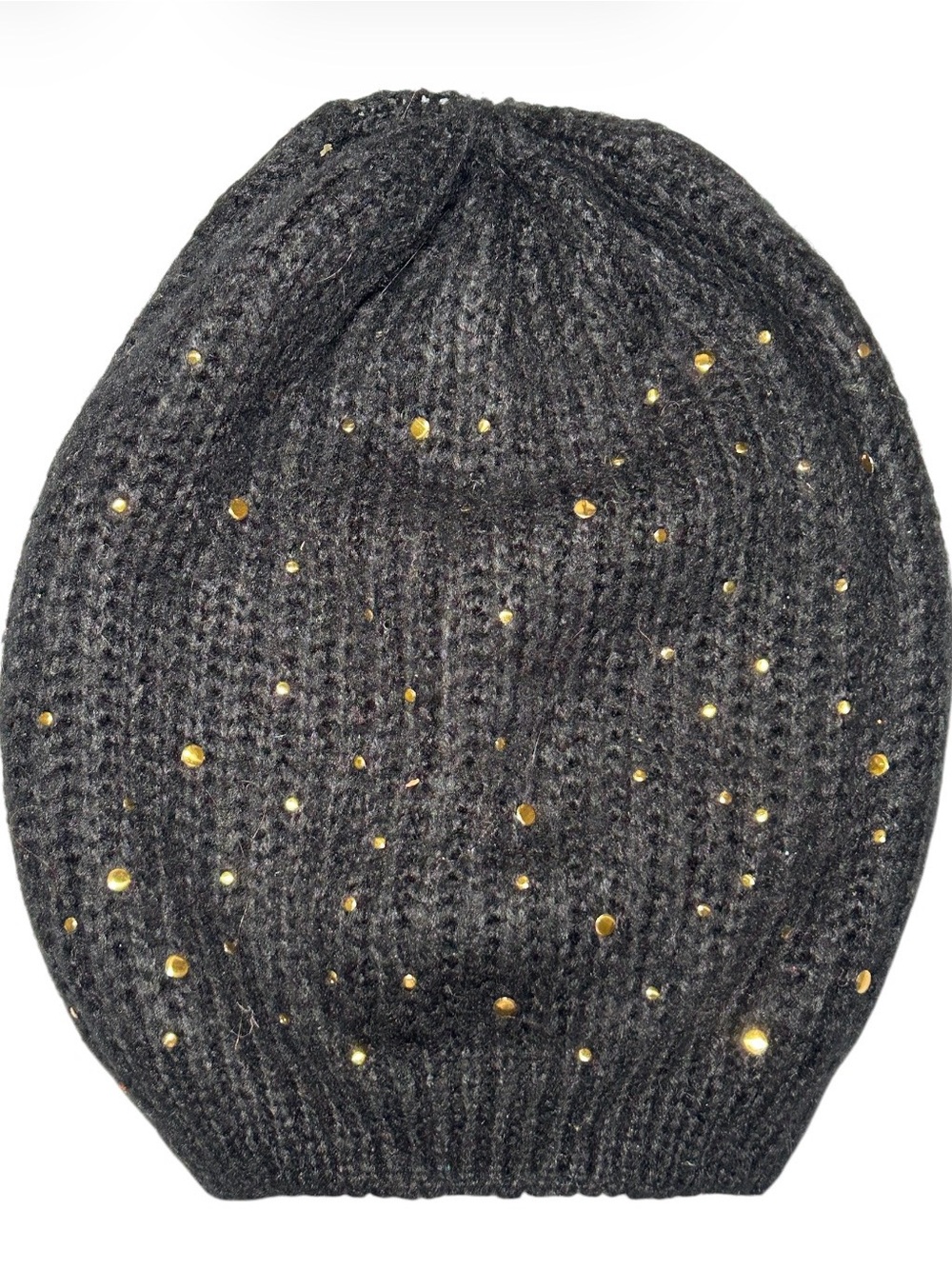 Black Knit Beanie with Gold Studs - Women Winter Warm Classy Hobo Chic Hipster